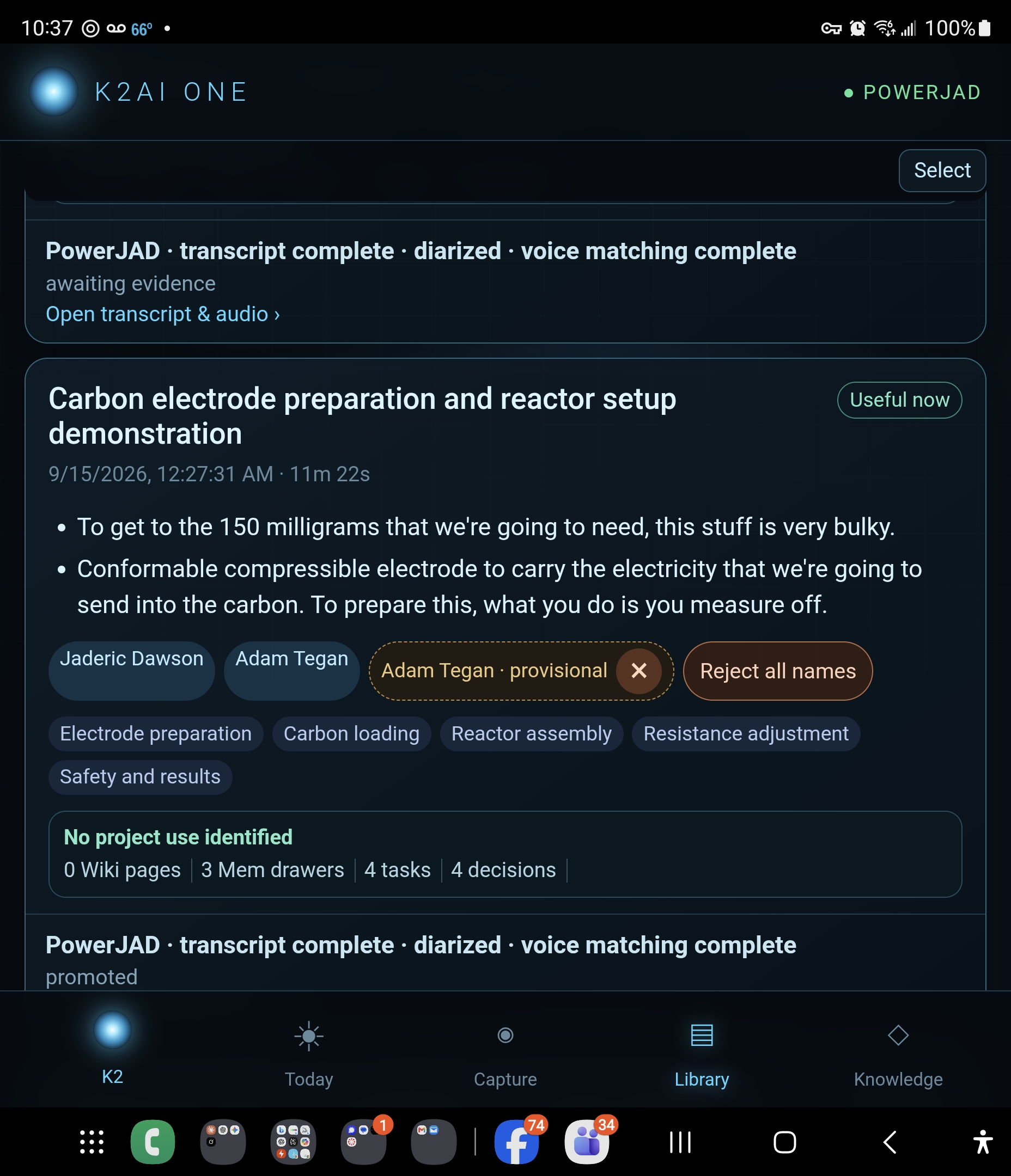 K2AI One Capture Library with a transcribed recording, speakers, topics, tasks, and decisions.