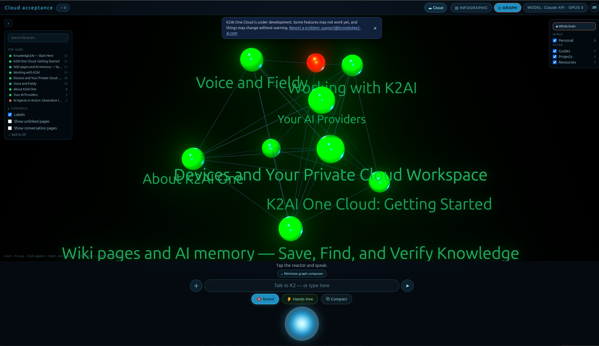 The real K2AI One 3D knowledge graph connecting Wiki pages and AI memory.