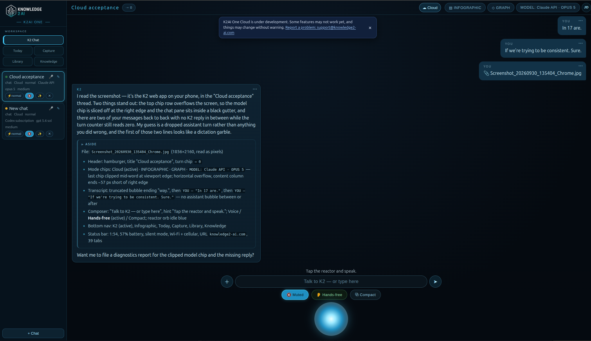The real K2AI One workspace with a conversation, project sidebar, and central blue voice orb.